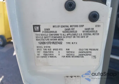 2001 Chevrolet Tahoe Lt z USA, uszkodzony, nr VIN 1GNEK13T01R227432